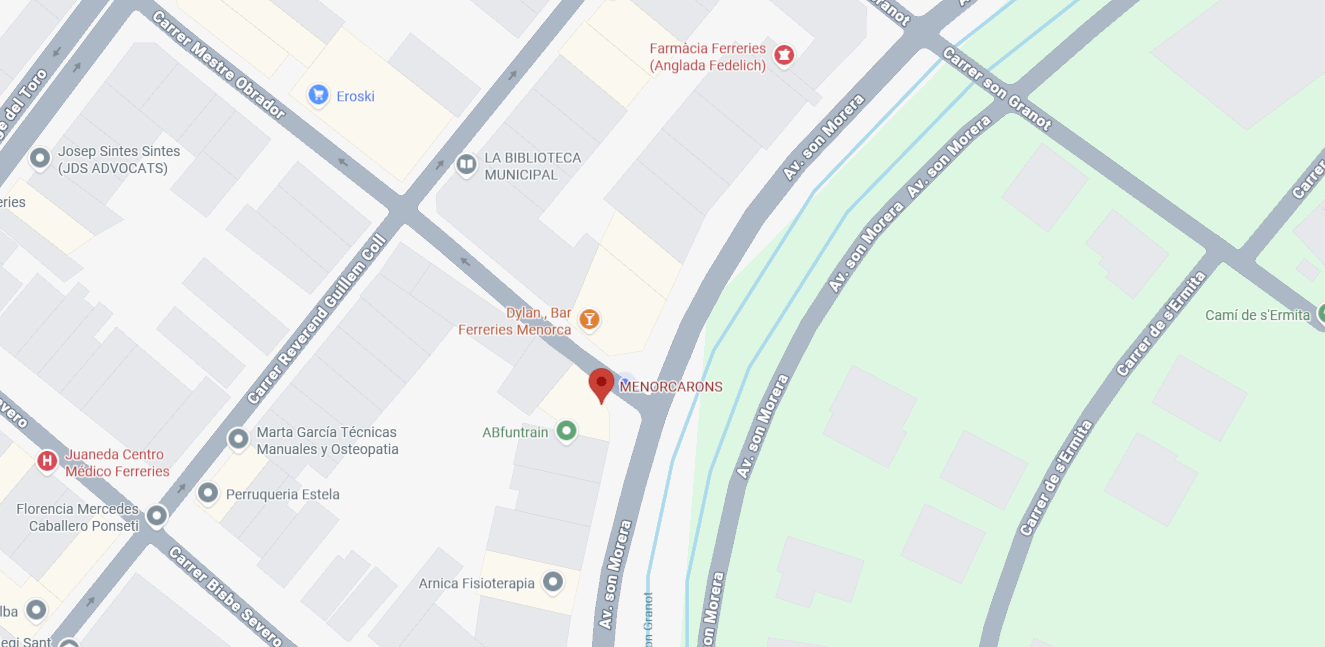 Mapa de ubicación del obrador de Menorcarons en Ferreries, Menorca